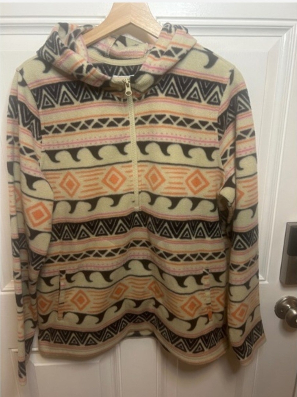 O'Neill Women's Zip-Up Hooded Sweater in Cream, Orange and Black Aztec Print